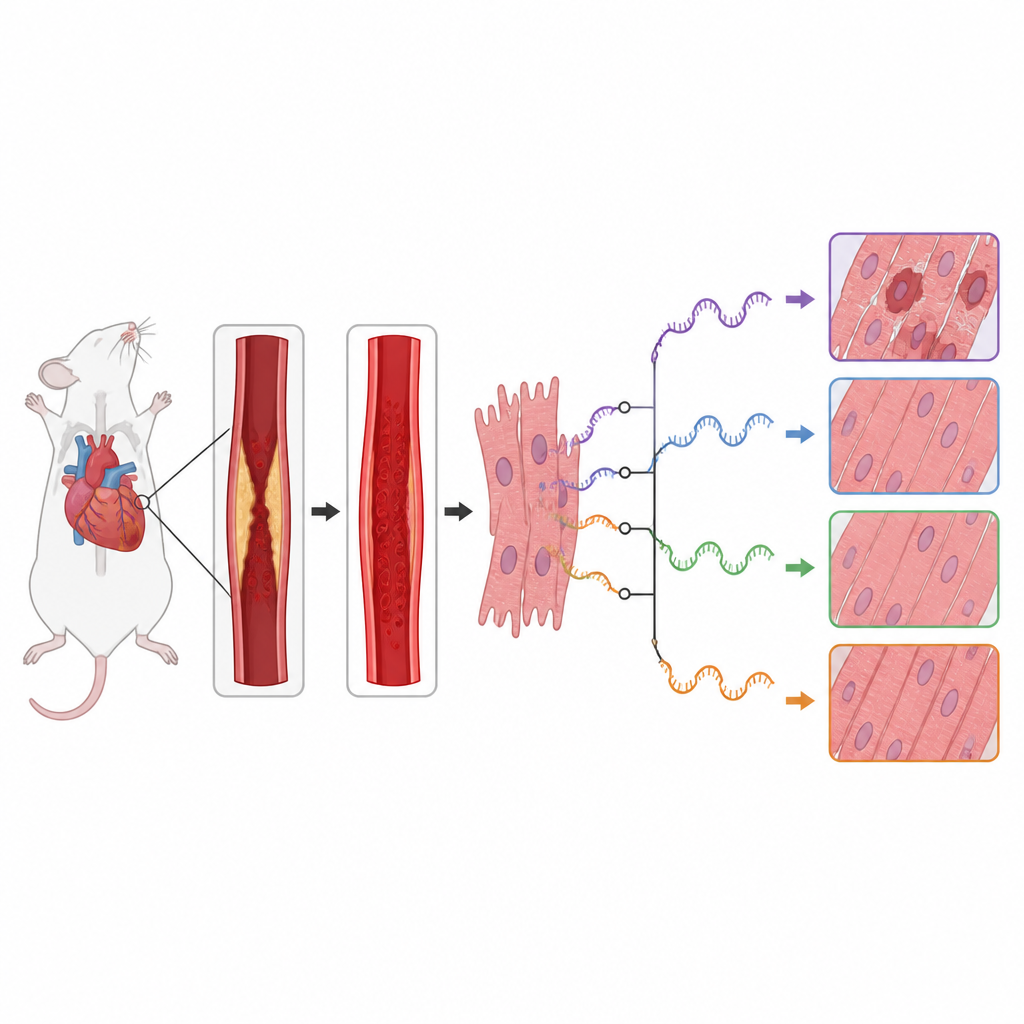 Figure 1. Hoe bewerkte RNA-berichten en hun regisseurs hartaandoening beïnvloeden wanneer de bloedstroom wordt hersteld na een verstopping.