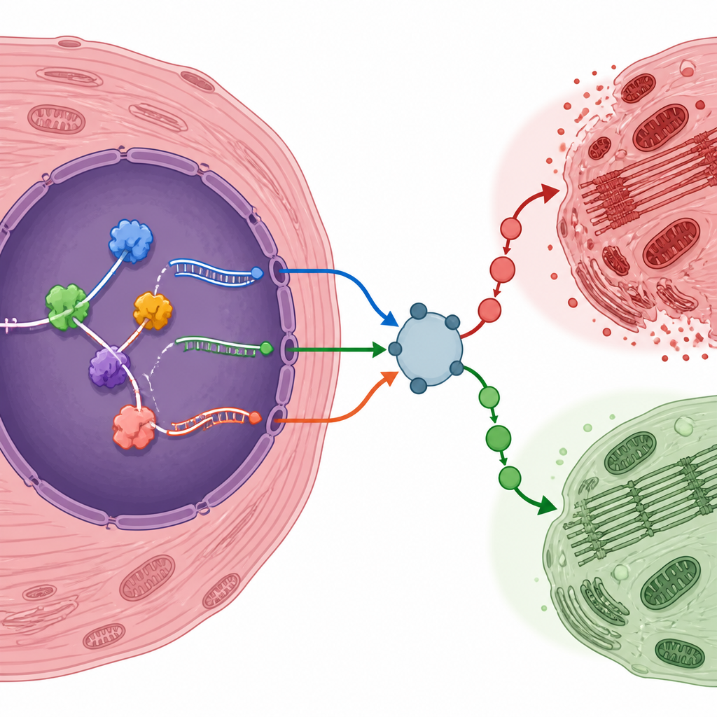 Figure 2. Binnen een hartcel sturen helper-eiwitten het knippen van RNA dat signalen uitzendt die de cel na reperfusie richting schade of bescherming kunnen duwen.