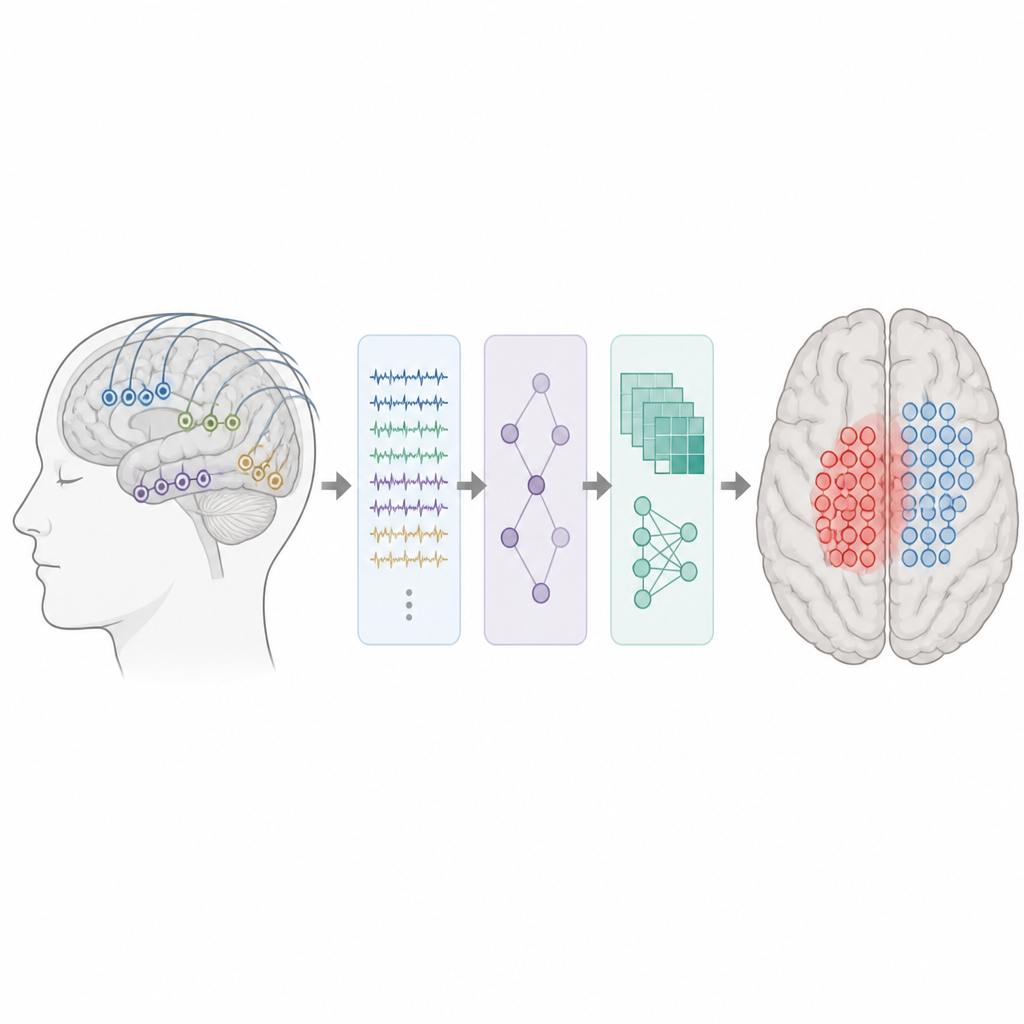 Figure 1. Het gebruik van tussen-aanvallen gelegen hersensignalen en AI om te bepalen welke hersengebieden chirurgen bij medicijnresistente epilepsie moeten verwijderen.