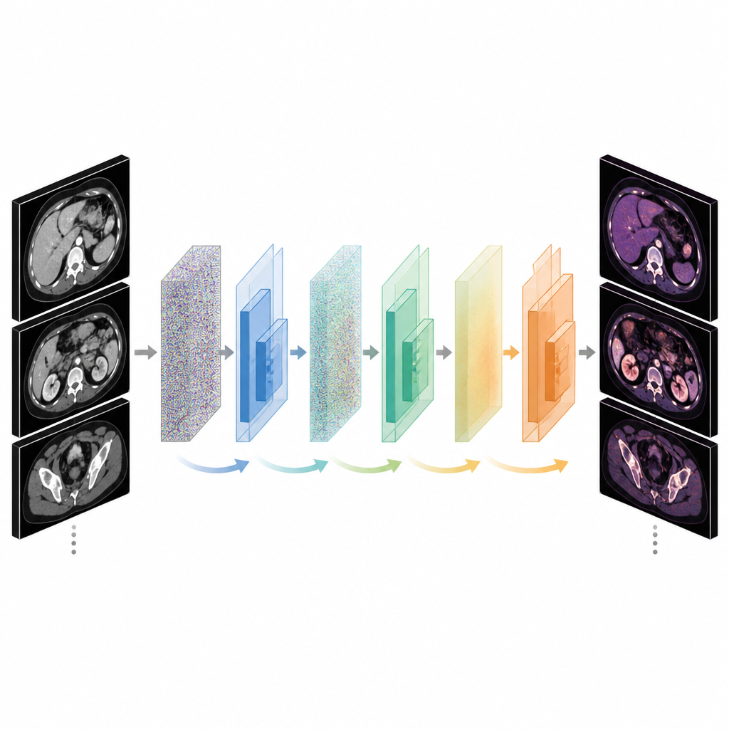 Figure 2. Gürültülü, CT rehberli hacimleri net MRI benzeri yapılara dönüştüren adım adım gürültü giderme süreci