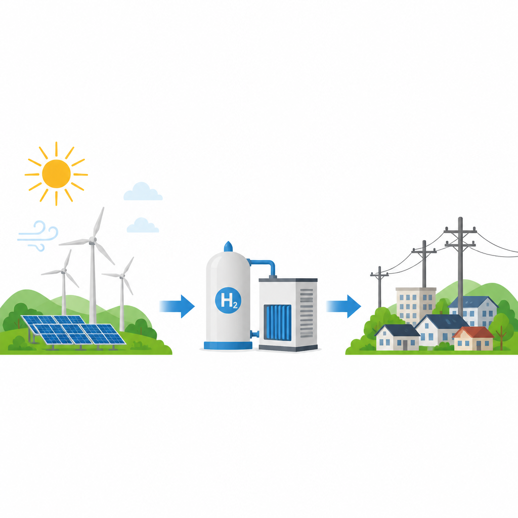Figure 1. Come sole, vento e stoccaggio di idrogeno possono lavorare insieme per fornire elettricità continua a bassa inquinamento a una comunità.
