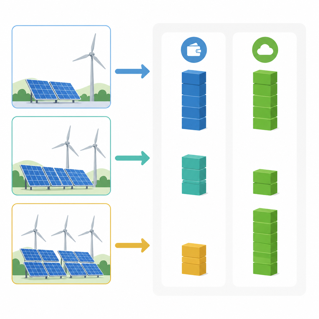 Figure 2. Confronto tra tre mix solare‑eolici per mostrare il compromesso tra costo dell’elettricità e inquinamento utilizzando lo stoccaggio di idrogeno.