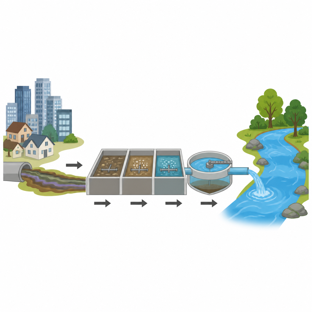 Figure 1. Le acque reflue cittadine attraversano vasche a stadi in cui i microrganismi eliminano saponi e nutrienti prima che l’acqua torni in natura.