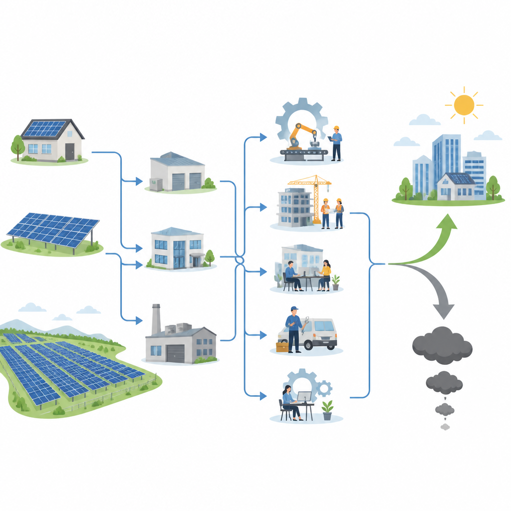 Figure 2. Hoe uitgaven aan zonnepanelen via fabrieken en diensten doorwerken om banen te creëren en tegelijkertijd de uitstoot in de energiesector te verminderen.