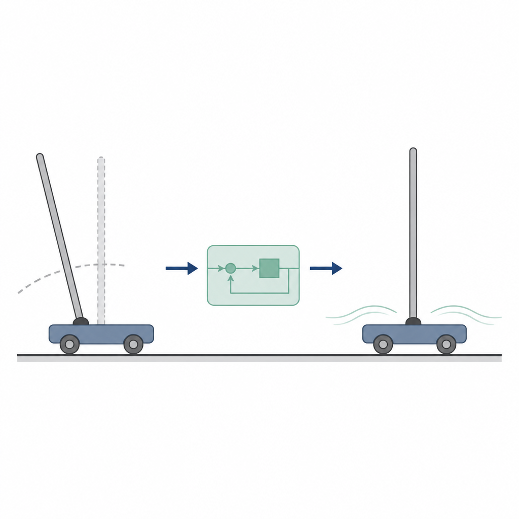 Figure 1. Wagentje en staaf-systeem leert de staaf rechtop te houden terwijl het zachtjes naar een doelpositie beweegt ondanks hobbels en veranderingen.
