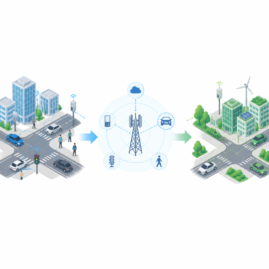 Figure 1. How connected cars and 5G street devices share data while using less energy in a smart city.