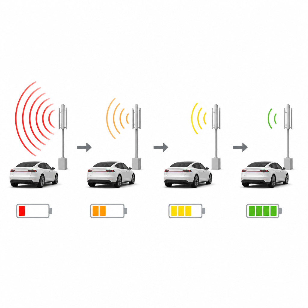 Figure 2. How a car learns to adjust its wireless signal strength step by step to save energy but keep a strong link.