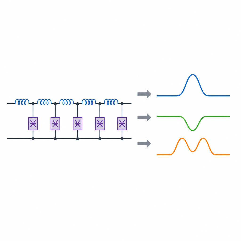 Figure 1. Hoe een speciale keten van circuitelementen verschillende zelfgevormde elektrische golven geleidt zonder hun vorm te verliezen.