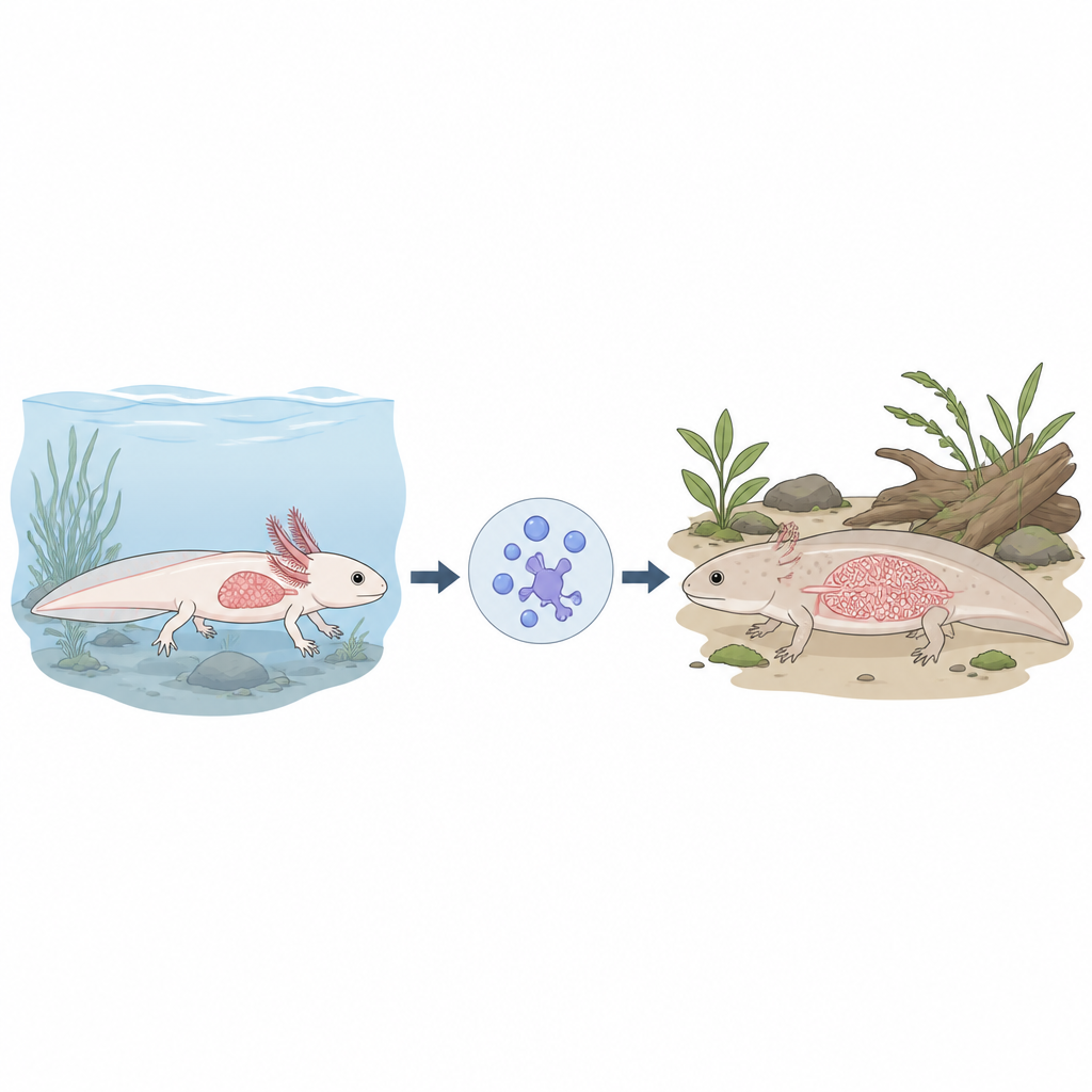 Figure 1. Hoe axolotllongen van vorm veranderen wanneer het dier van leven in water naar ademhalen in lucht op het land overstapt