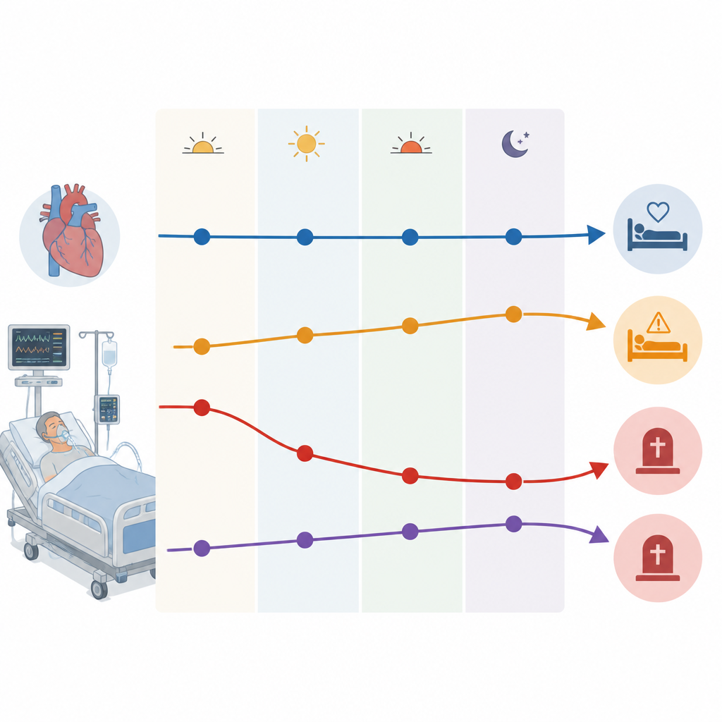 Figure 2. أربعة اتجاهات مميزة لمستويات السكر على مدى أربعة أيام ترتبط تدريجيًا بزيادة أو نقصان خطر الوفاة.