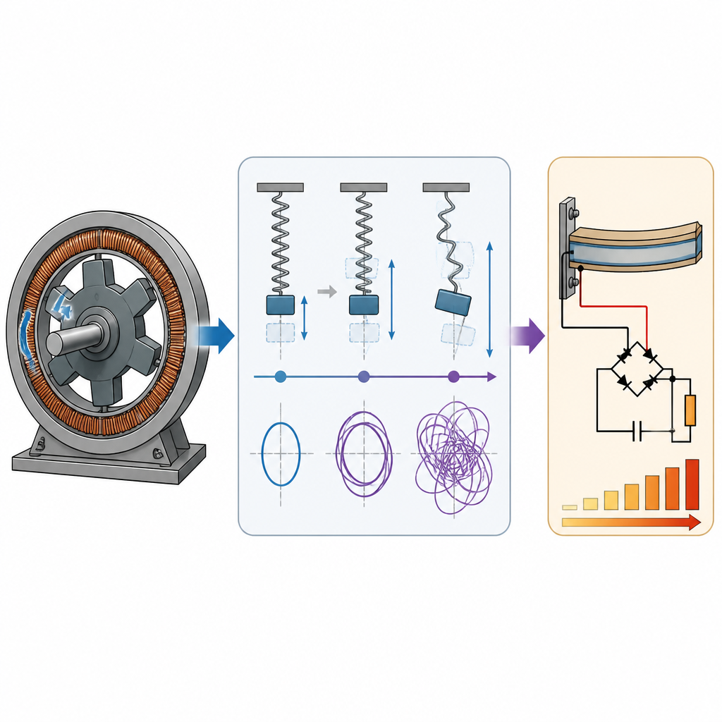Figure 1. Wie ein vibrierender Generator mit zeitlich veränderlicher Masse von einfacher Bewegung zu komplexen Schwingungen übergehen kann, die einen Energiesammler speisen.