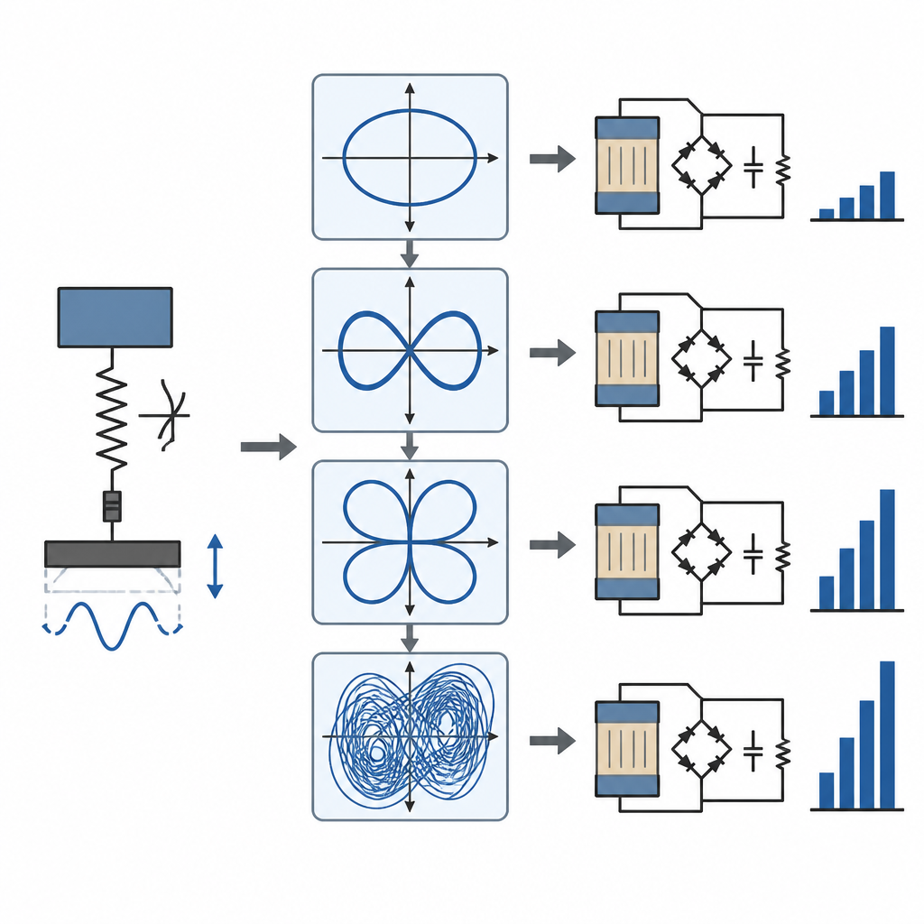 Figure 2. Wie kleine periodische Massenänderungen und nichtlineare Steifigkeit einen Oszillator durch Periodenverdopplung ins Chaos treiben und gleichzeitig die Leistung steigern.