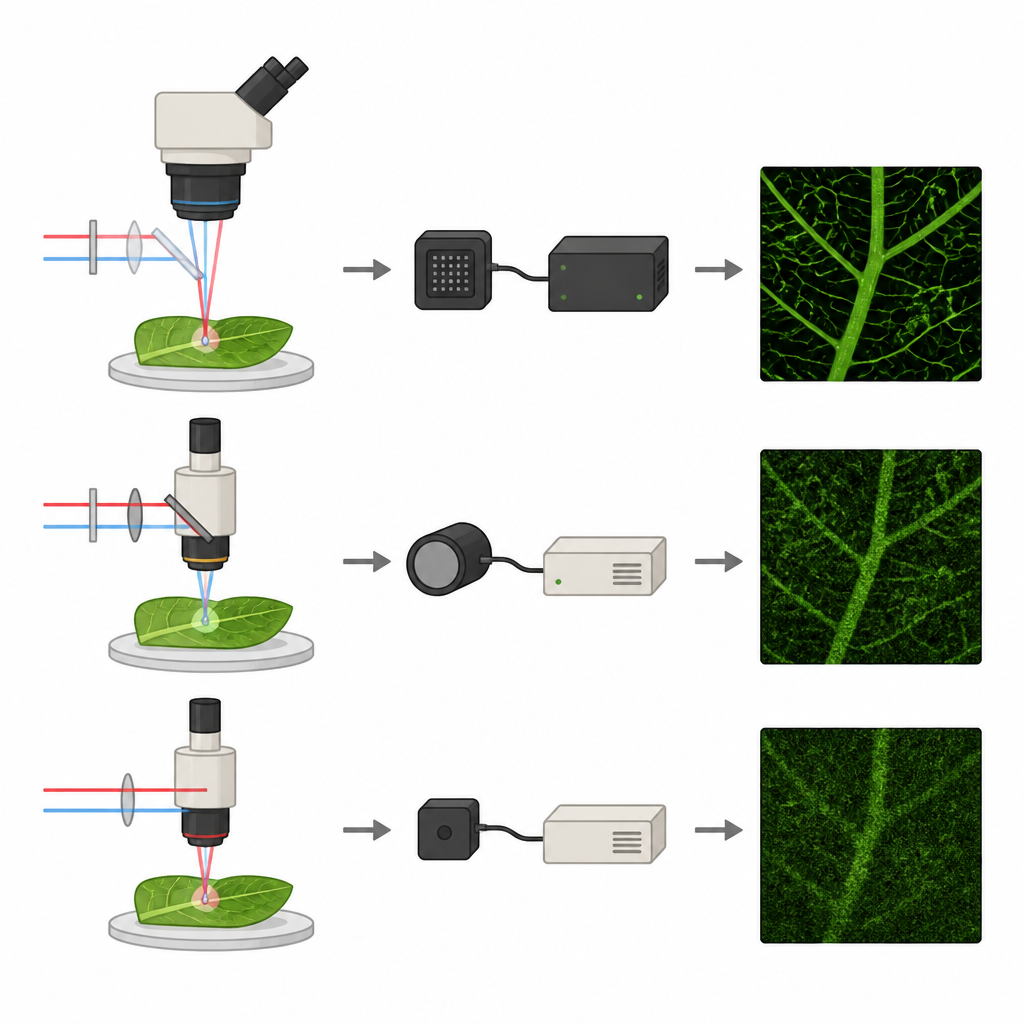 Figure 1. Vergelijking van hoe verschillende twee-fotonmicroscopen het zwakke licht uit een proef monster omzetten in heldere of rumoerige beelden.