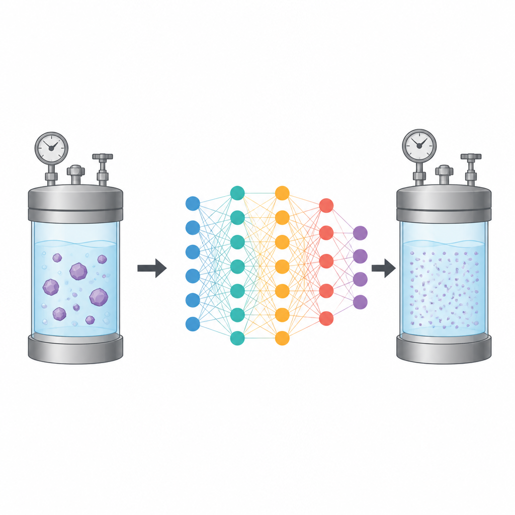 Figure 1. Hoe AI het gedrag van een geneesmiddel in een speciaal hoogdruk-kooldioxidevloeistof voorspelt om schonere medicijnproductie te sturen.