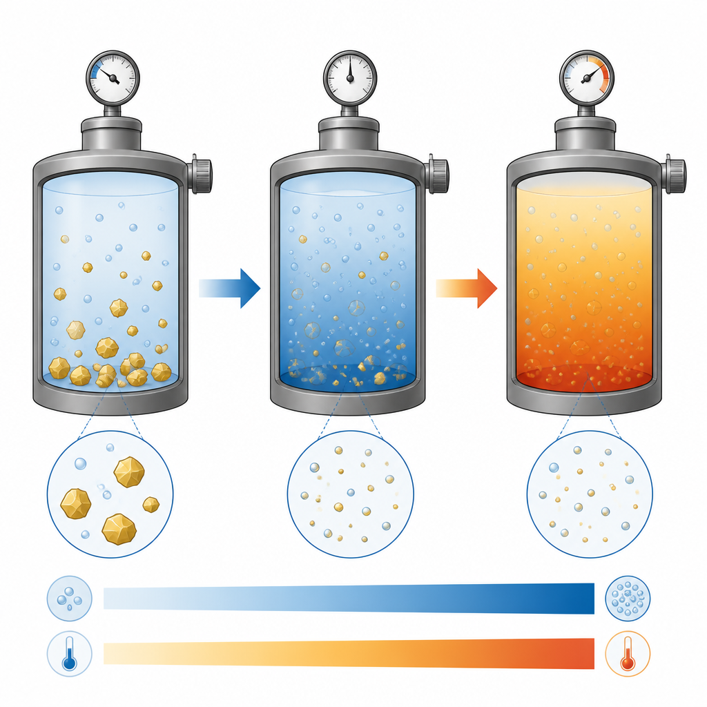 Figure 2. Hoe het veranderen van druk en temperatuur in een CO2-vat de vloeistofdichtheid en de stap-voor-stap oplossen van het geneesmiddel beïnvloedt.