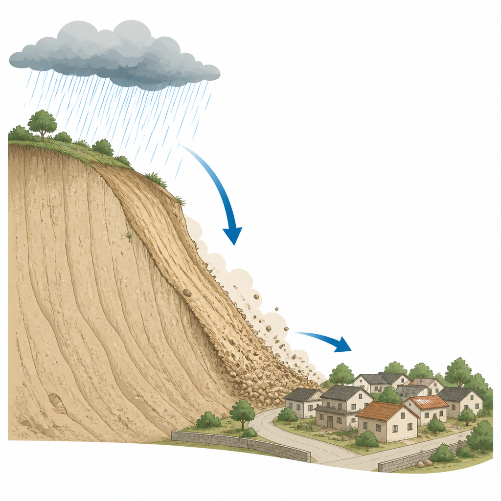 Figure 1. Cómo la lluvia en una ladera de loess sobre una aldea puede provocar deslizamientos que amenacen viviendas y carreteras.