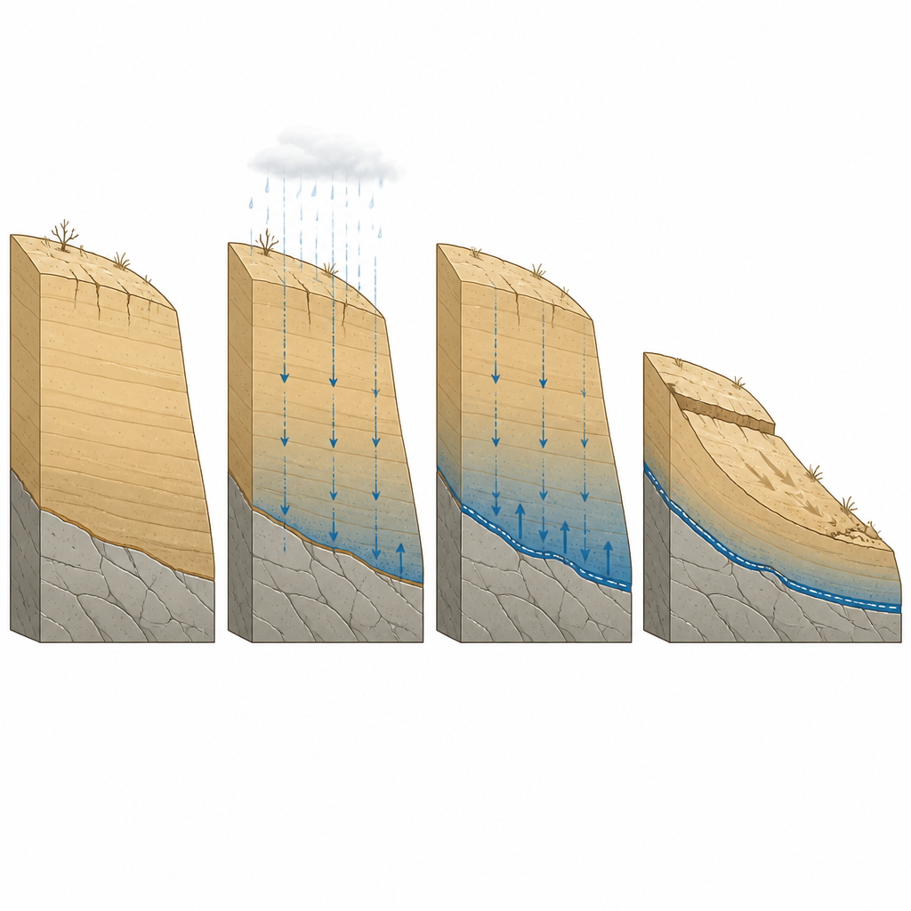 Figure 2. Cómo la lluvia se infiltra lentamente en una ladera de loess, eleva la presión del agua con el tiempo y desencadena deslizamientos superficiales a lo largo de una capa débil.