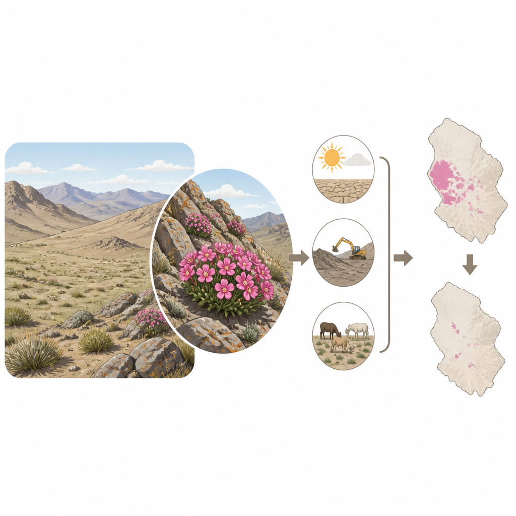 Figure 1. Cómo el clima y el terreno configuran los últimos bastiones de una rara flor de montaña rosa de Mongolia.