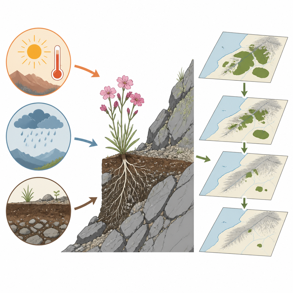 Figure 2. Cómo la temperatura, la lluvia y las condiciones del suelo controlan dónde puede sobrevivir a lo largo del tiempo una rara flor de montaña desértica.