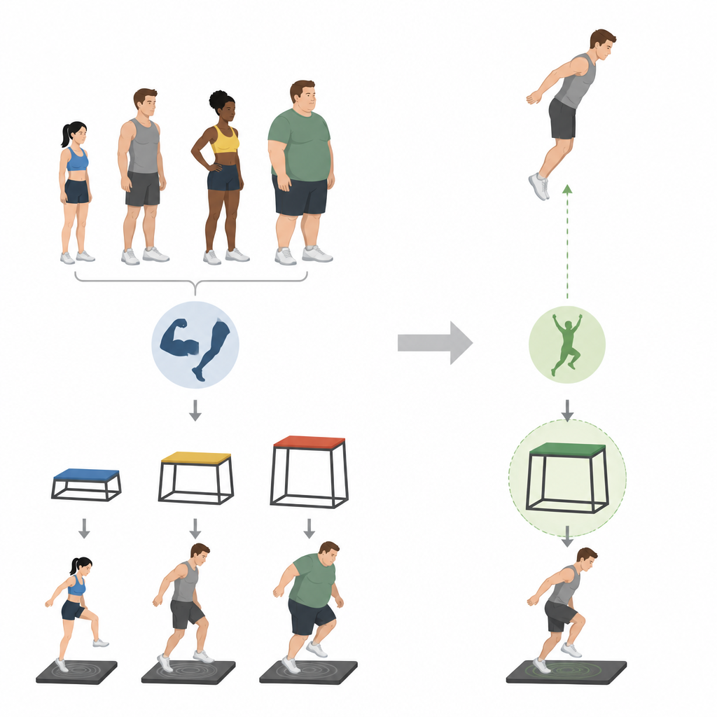 Figure 1. Różni sportowcy korzystający ze skrzyń o różnych wysokościach, aby znaleźć najbezpieczniejszą i najbardziej efektywną wysokość skoku dla każdej osoby.
