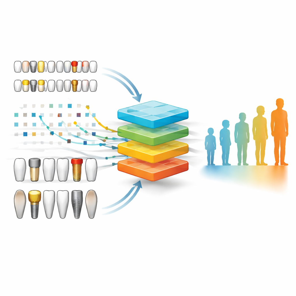 Figure 2. Step by step, how tooth level codes from X rays flow into a computer model that outputs an estimated adult age.