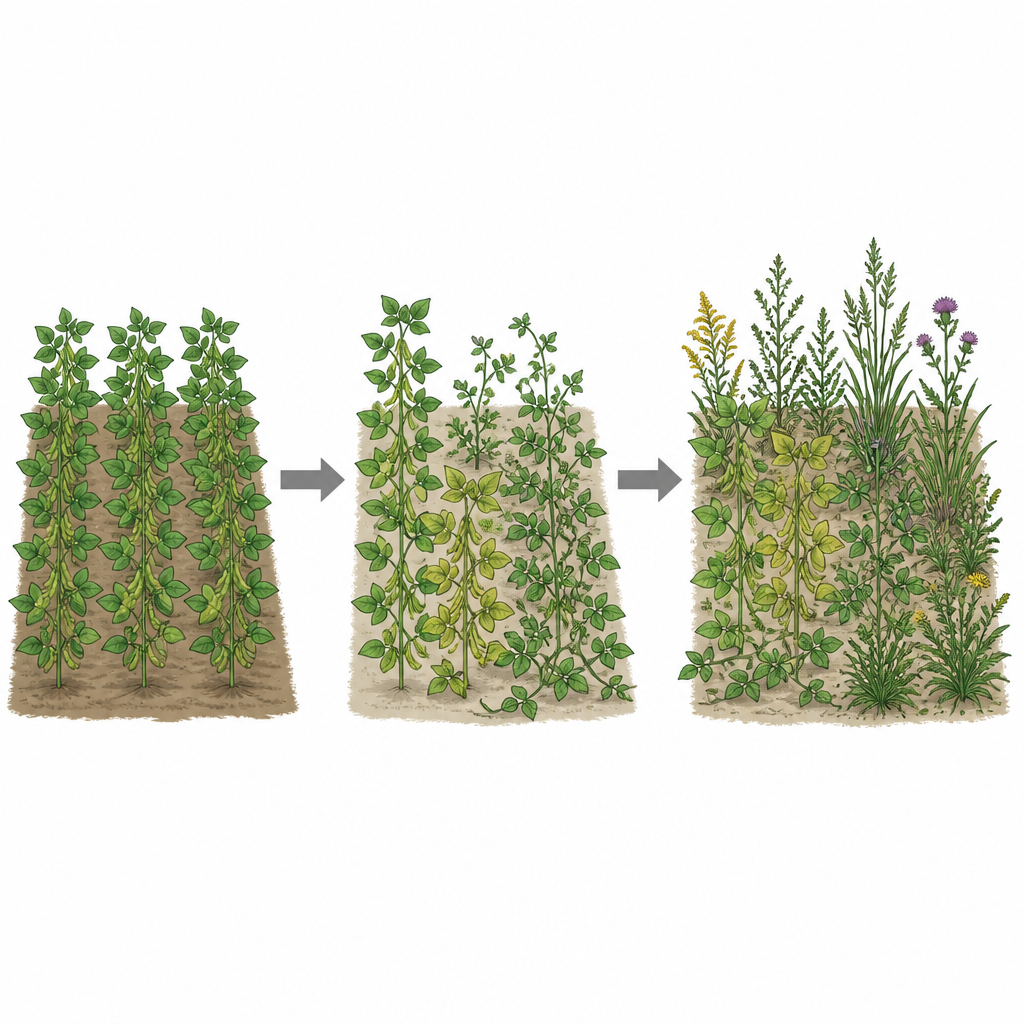 Figure 1. Hoe een glyfosaatresistente halfwilde soja tussen landbouwgewas en wild onkruid in echte velden staat