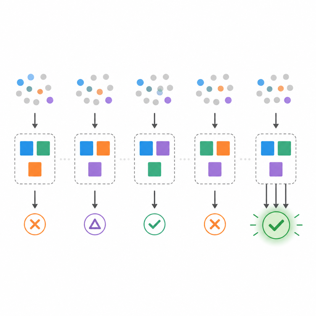 Figure 2. Pequeños cambios en los datos seleccionan diferentes conjuntos mínimos de reglas de votación, alterando las decisiones a menos que favorezcamos modelos más estables.
