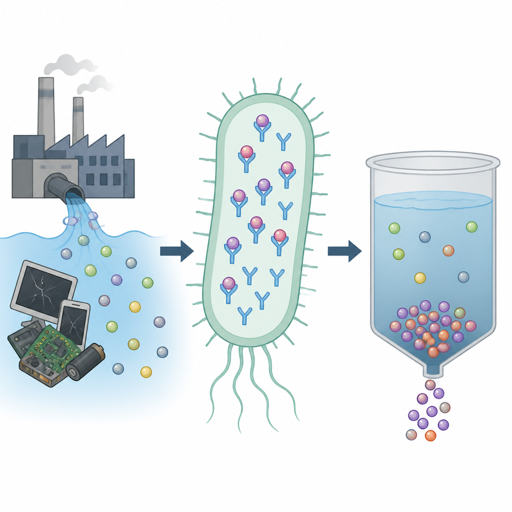Figure 1. Bacterieel eiwit helpt waardevolle zeldzame aardmetalen zoals yttrium uit vervuild water te vangen voor schonere recycling.