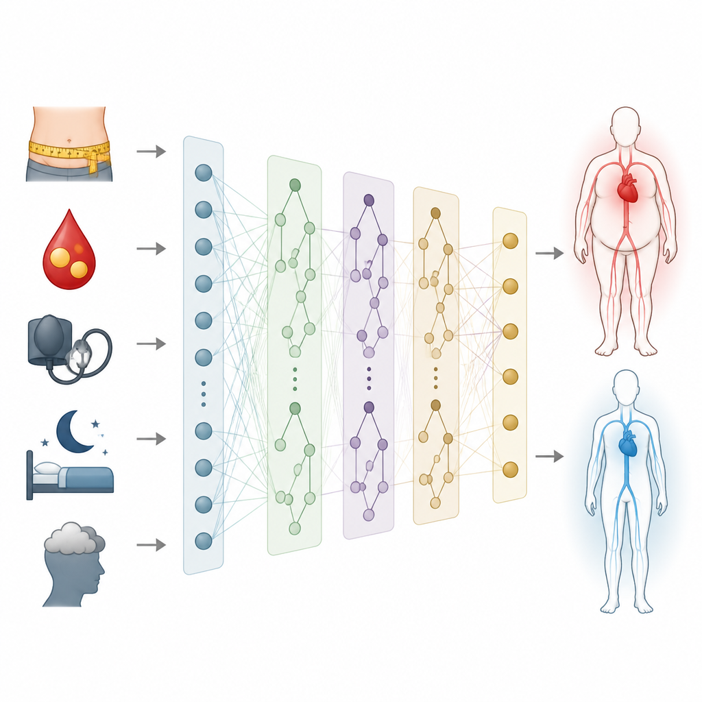 Figure 2. Hoe tailleomvang, bloedlipiden, bloeddruk, slaap en stemming via een model stromen om een hoger of lager risico op hartziekten aan te geven.