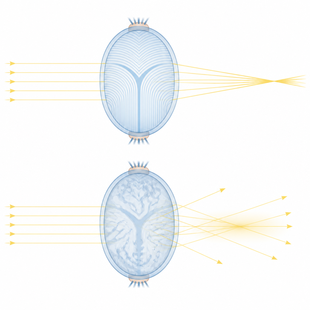 Figure 1. Cómo las costuras ordenadas frente a desordenadas dentro del cristalino afectan el enfoque de la luz.