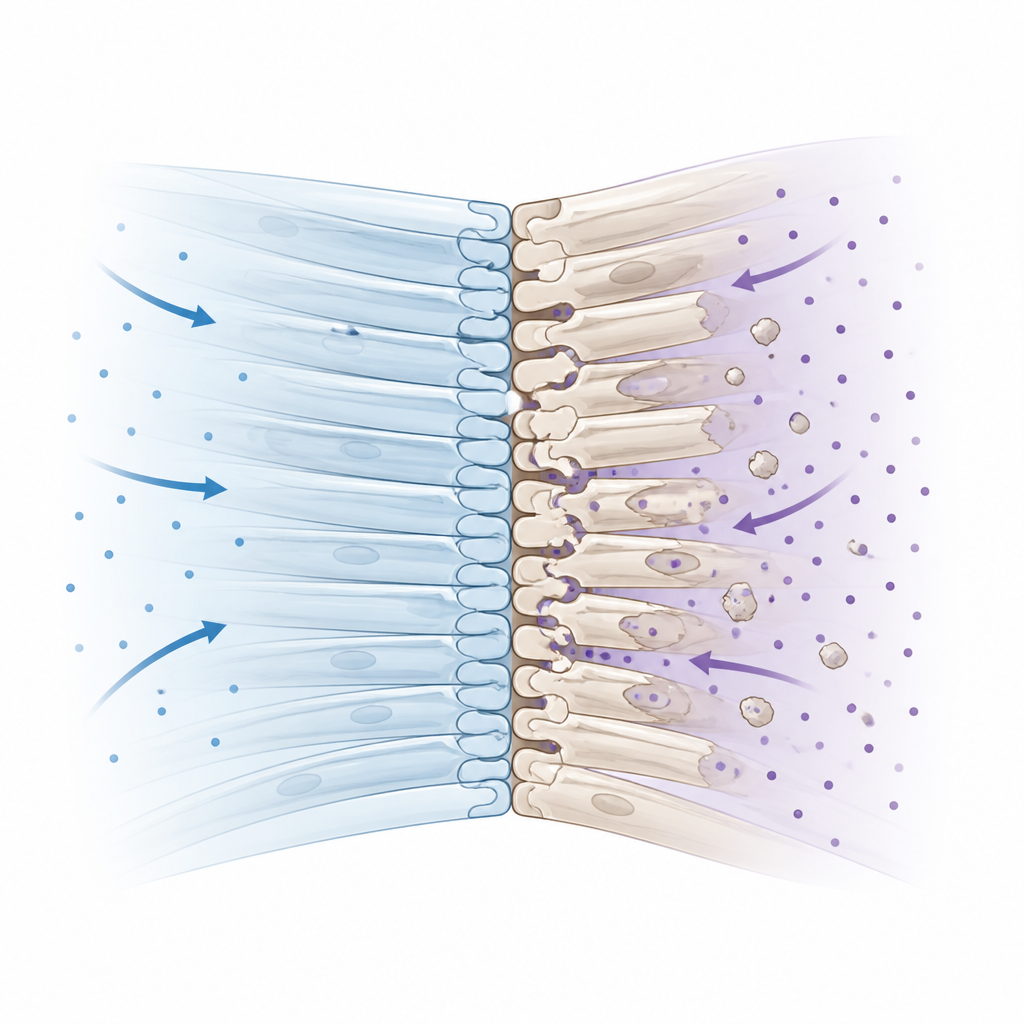 Figure 2. Cómo las puntas de las células del cristalino empaquetadas con firmeza forman una barrera, mientras que las puntas alteradas filtran y acumulan residuos.