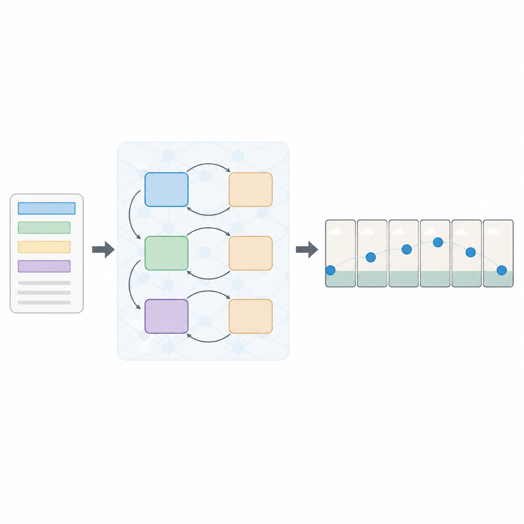 Figure 1. Hoe een tekstbeschrijving door een gelaagd AI-systeem stroomt om een korte, realistische videoclip te worden.