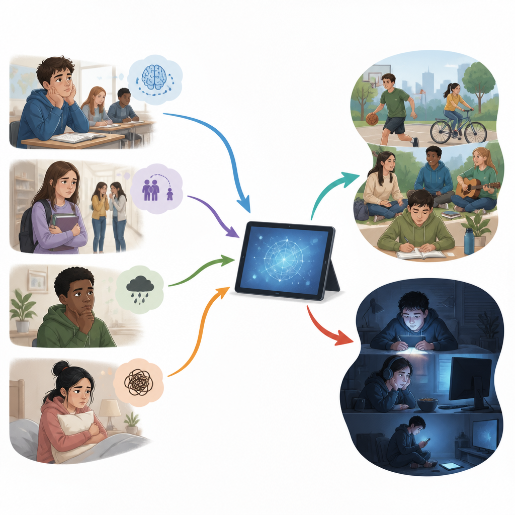 Figure 1. Hoe persoonlijkheidskenmerken en stressreacties van tieners gezond of ongezond internetgebruik vormen