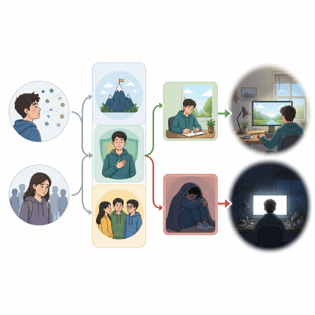 Figure 2. Hoe innerlijke sterktes en copingroutes tieners richting gebalanceerd internetgebruik of compulsief online gedrag sturen
