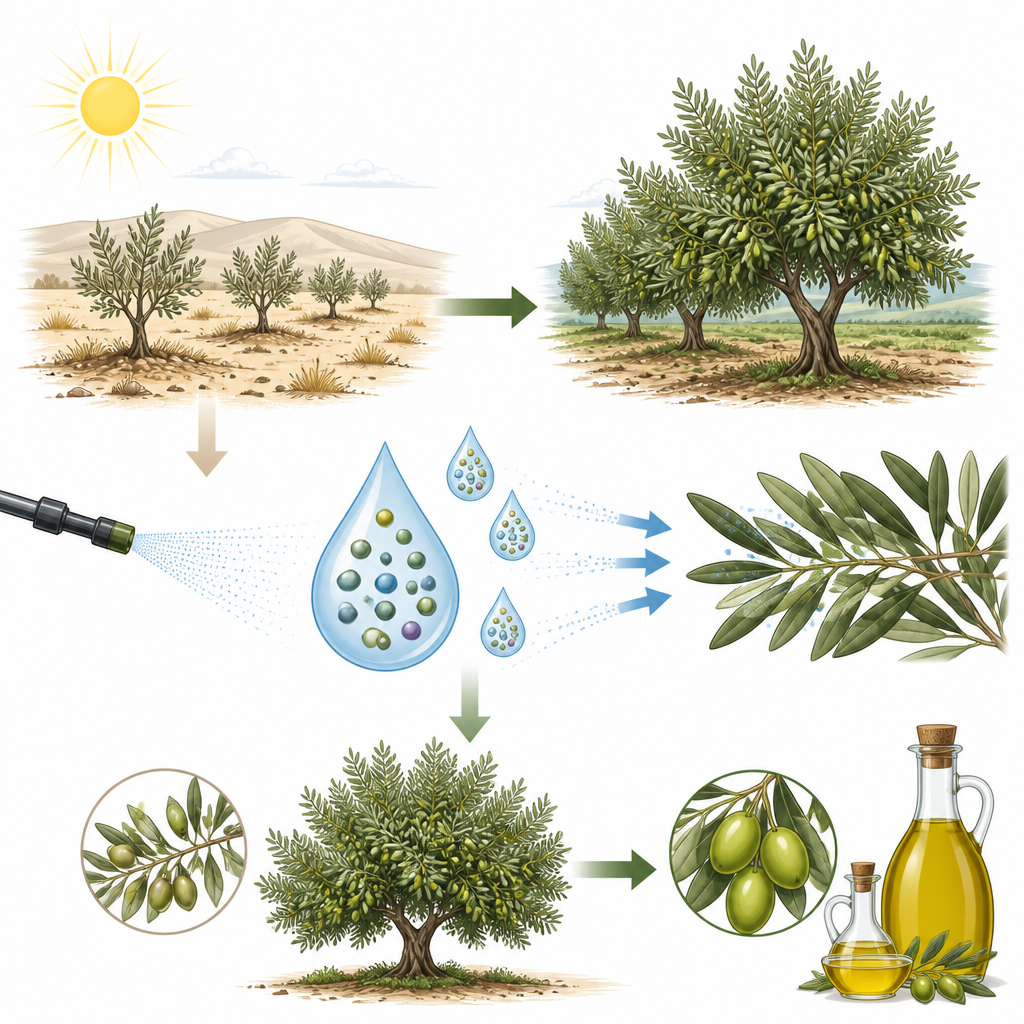 Figure 1. Rociar sobre las hojas ayudantes naturales basados en nanotecnología en olivares secos conduce a árboles más sanos y a más aceite de alta calidad.