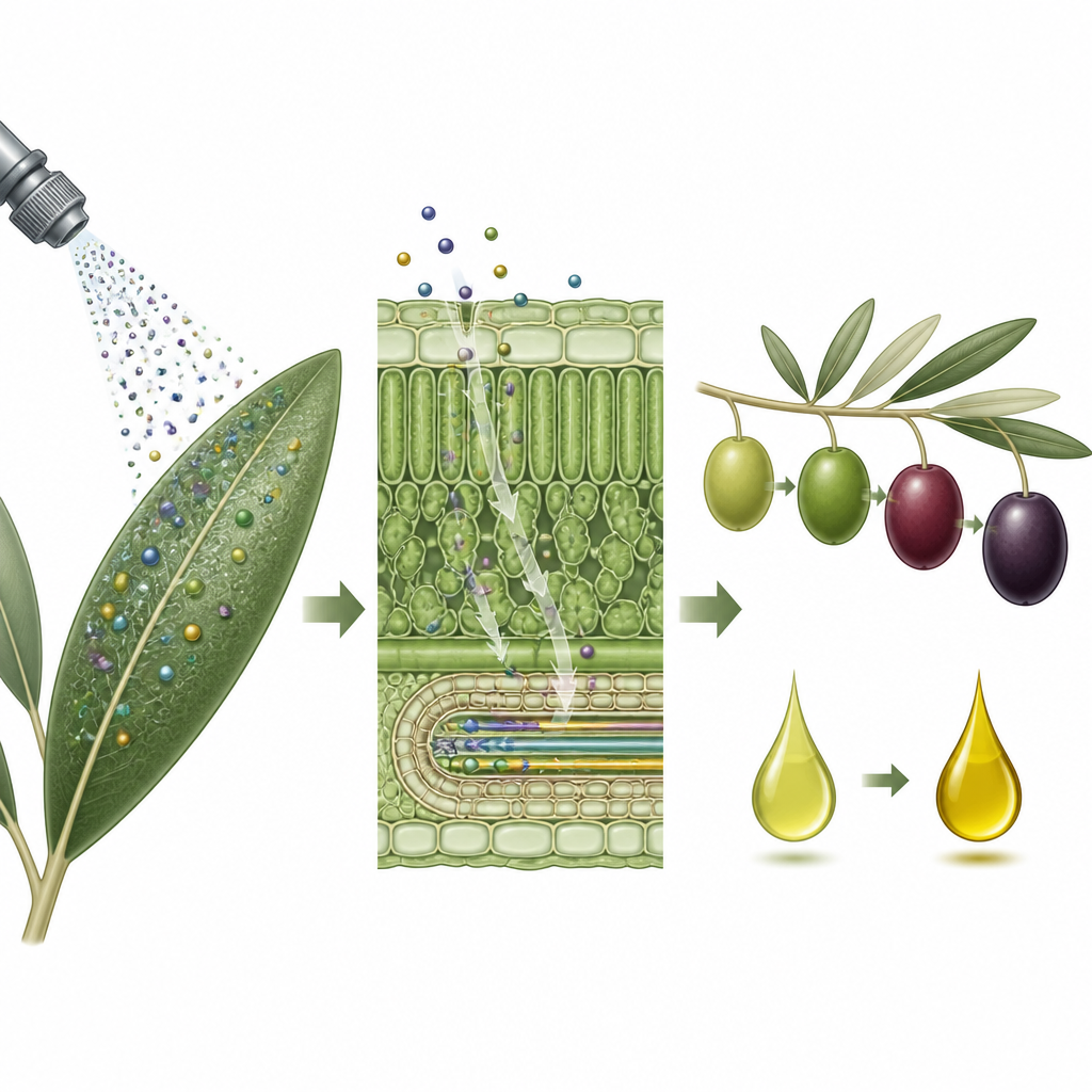 Figure 2. Partículas diminutas pulverizadas sobre las hojas se mueven dentro de la planta, potenciando nutrientes y la maduración para mejorar la calidad del fruto y del aceite.