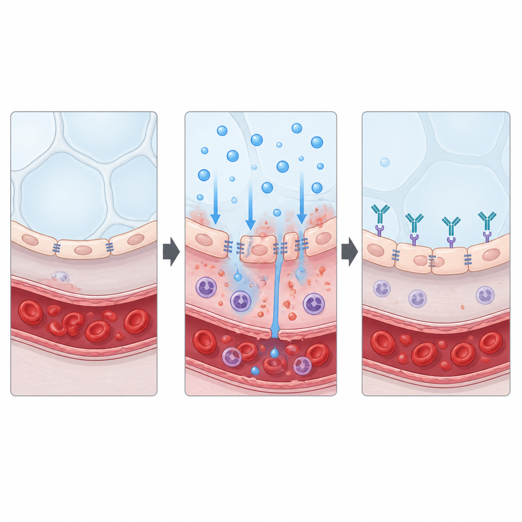 Figure 2. Cómo el bloqueo con anticuerpos de un receptor celular mantiene las células de la barrera pulmonar firmemente selladas bajo el estrés de alto oxígeno.