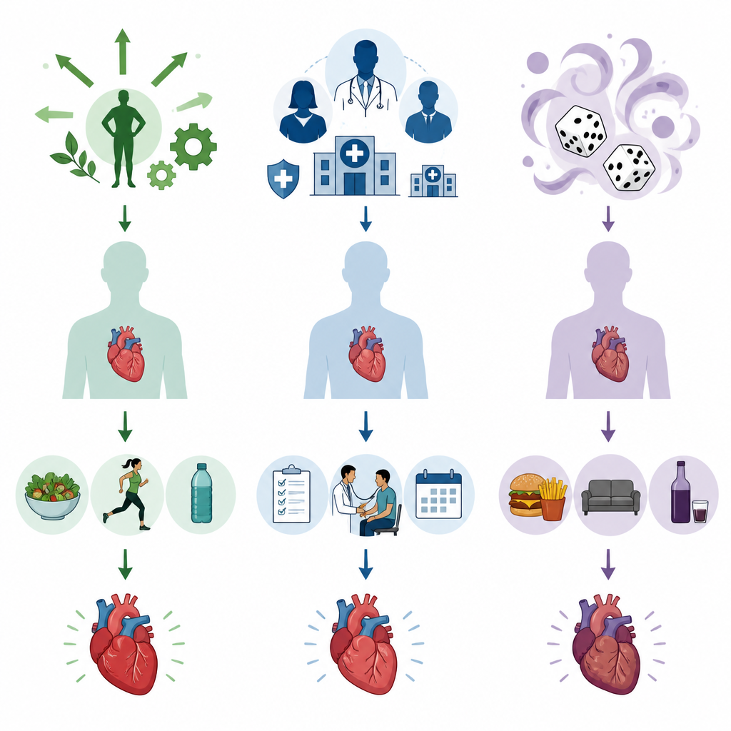 Figure 2. Different beliefs feed into daily habits like diet and checkups, which then lead to lower or higher heart risk.