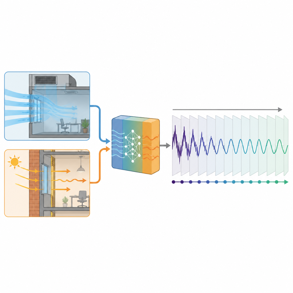 Figure 2. Hoe ventilatielucht en warmtestromen door wanden een hybride model voeden dat ruwe fysica omzet in soepeler uurlijkse koelingsvoorspellingen.