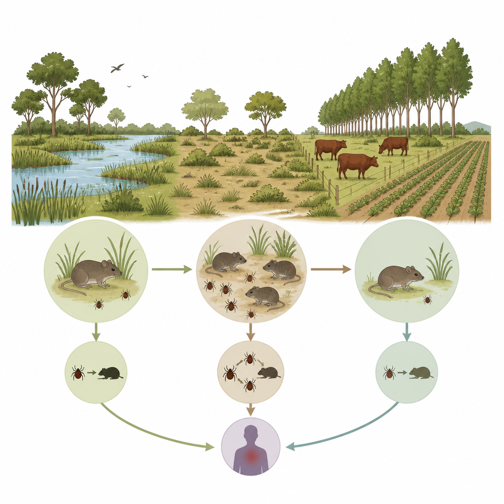 Figure 1. Hoe knaagdieren, teken, vee en landgebruik op Argentijnse rivier-eilanden een stille Borrelia-infectiecyclus vormen.