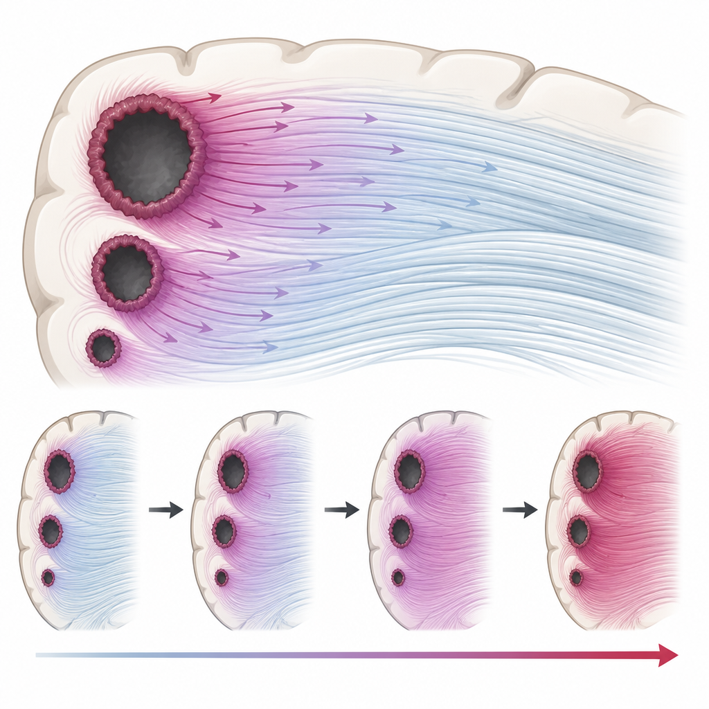 Figure 2. Las lesiones crónicas con borde propagan silenciosamente daño hacia la sustancia blanca cercana, visible como cambios crecientes en la química cerebral a lo largo del tiempo.