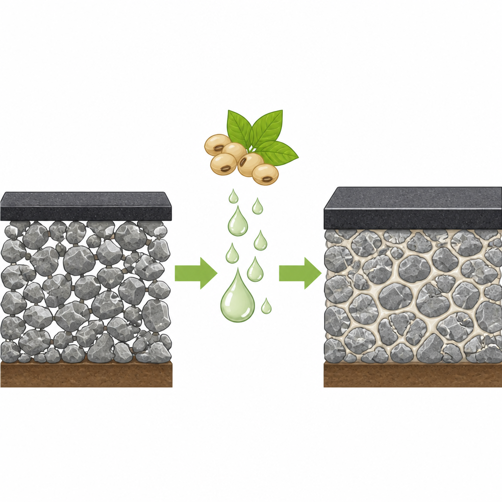 Figure 1. Soya enziminin gevşek yol tabanı taşlarını nasıl daha güçlü, düşük karbonlu bir temele dönüştürebileceği.