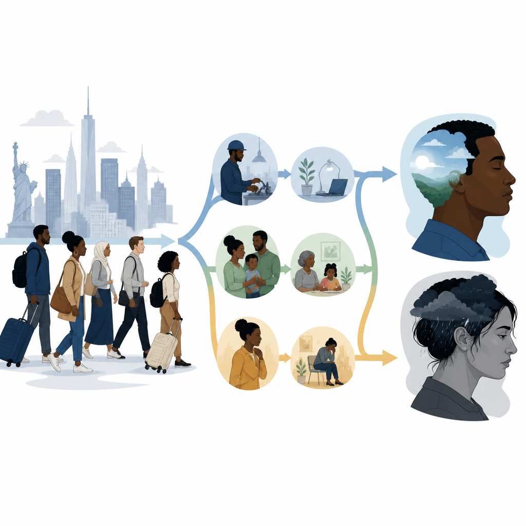 Figure 1. Hoe het dagelijkse leven in een nieuw land het mentale welzijn van mannelijke en vrouwelijke zwarte en witte immigranten vormt.
