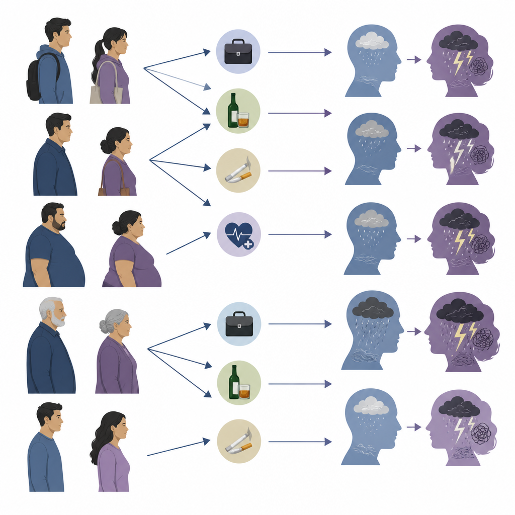 Figure 2. Hoe werk, lichaamsgewicht, roken, drinken en chronische ziekte verbonden zijn met emotionele spanning bij mannelijke en vrouwelijke immigranten.