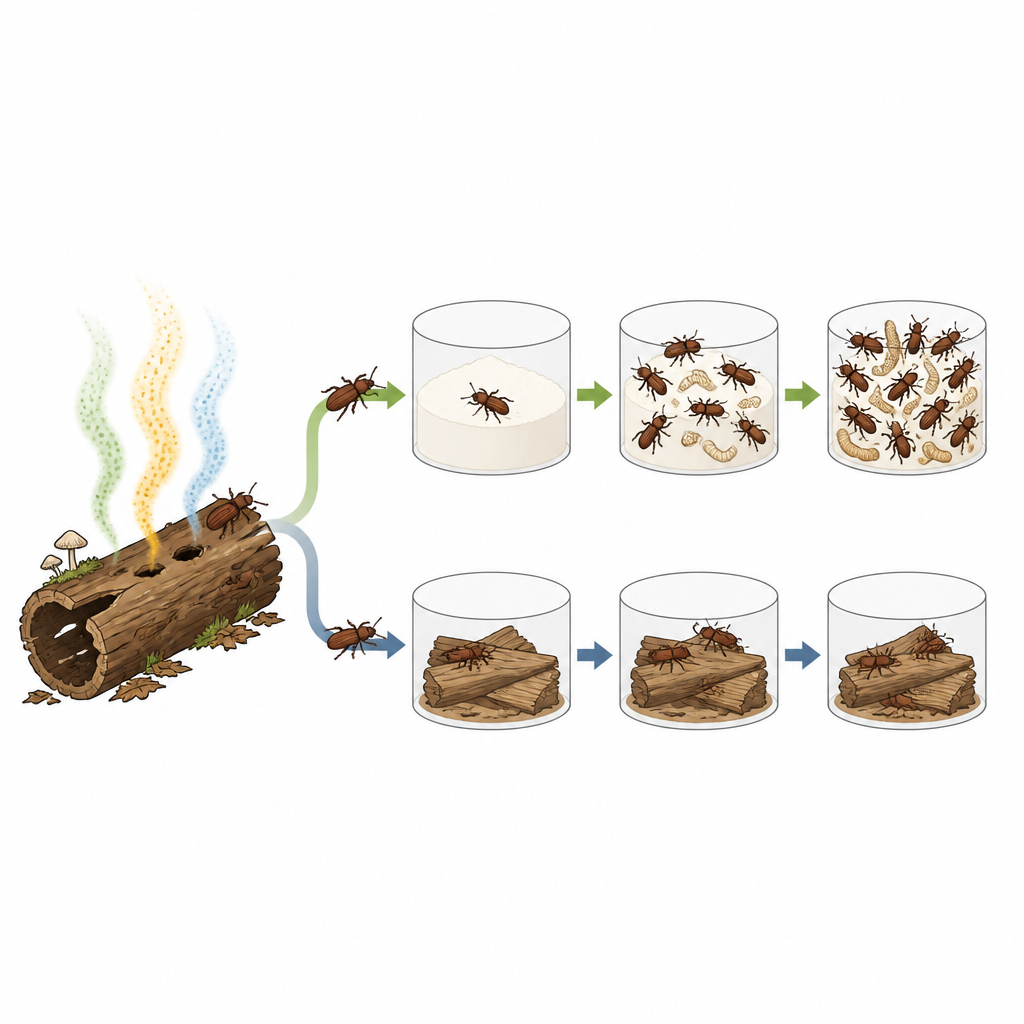 Figure 2. Жуки следуют за древесными запахами, но процветают и размножаются только при доступе к муке, а не на голой разлагающейся древесине.