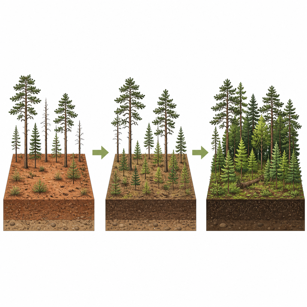 Figure 1. Het toevoegen van jonge dennen aan verouderende bossen vormt in de loop van de tijd geleidelijk de bodem en de algehele gezondheid van het bos opnieuw.