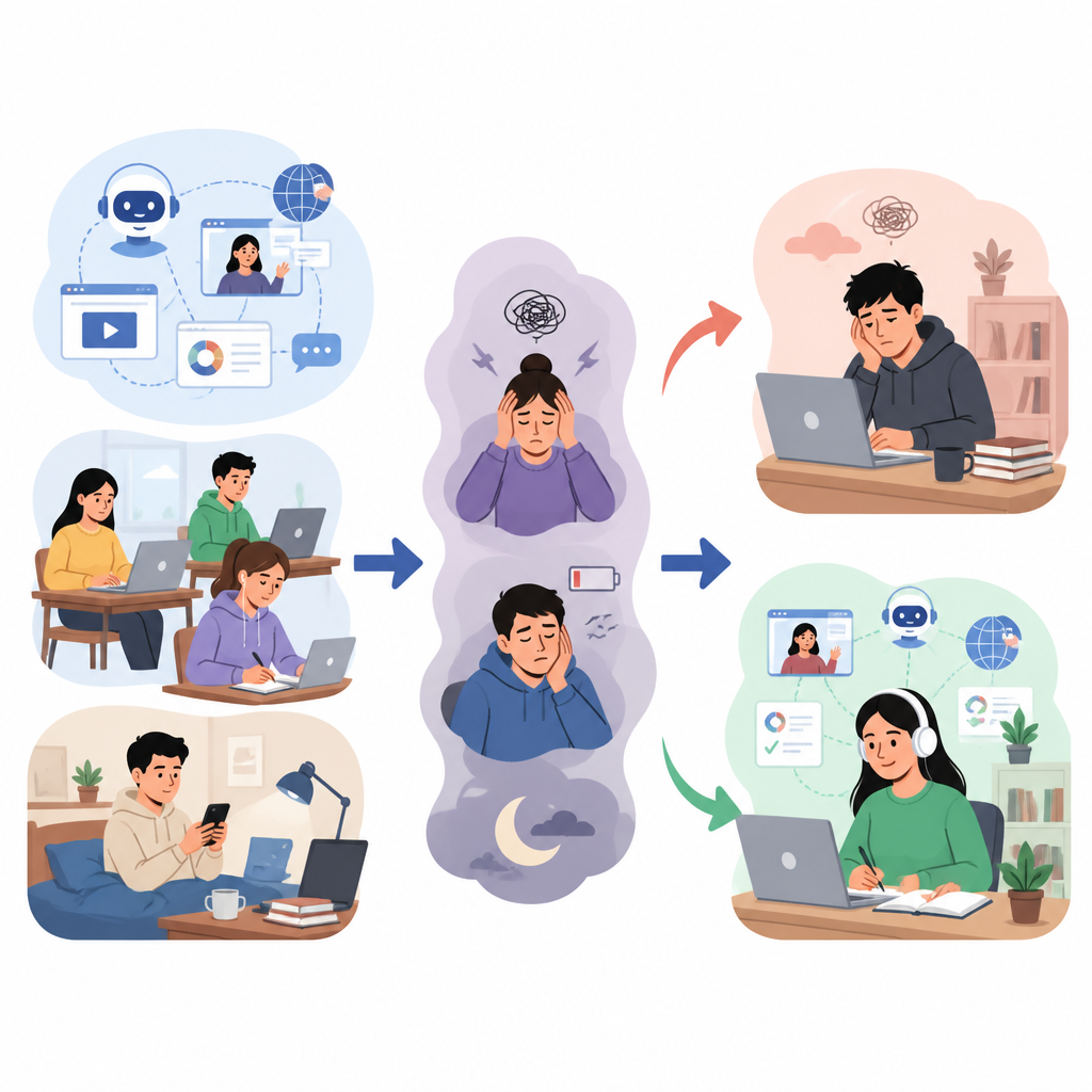 Figure 1. Como o uso intensivo de ferramentas digitais em aulas de línguas pode levar do estresse ao esgotamento e a um aprendizado mais fraco para estudantes universitários.