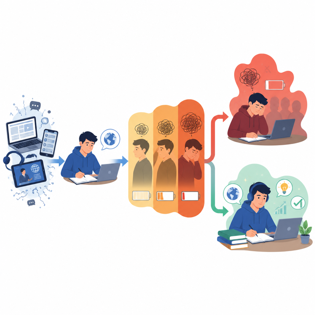 Figure 2. Como o crescente estresse digital se transforma em ansiedade e esgotamento, e como uma forte confiança tecnológica pode atenuar o impacto nos resultados de aprendizagem.