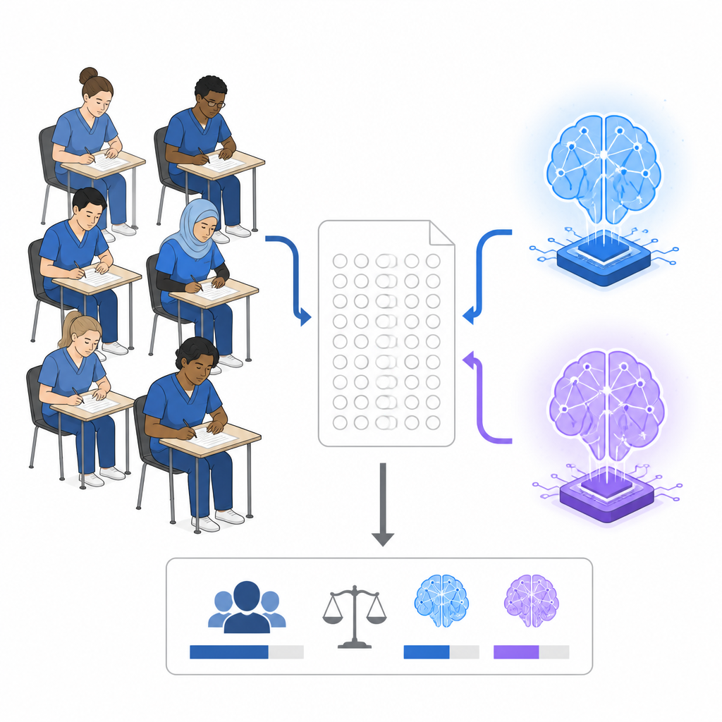 Figure 1. Mensen en AI die hetzelfde anesthesiologie-examen beantwoorden om de algehele testprestatie te vergelijken.