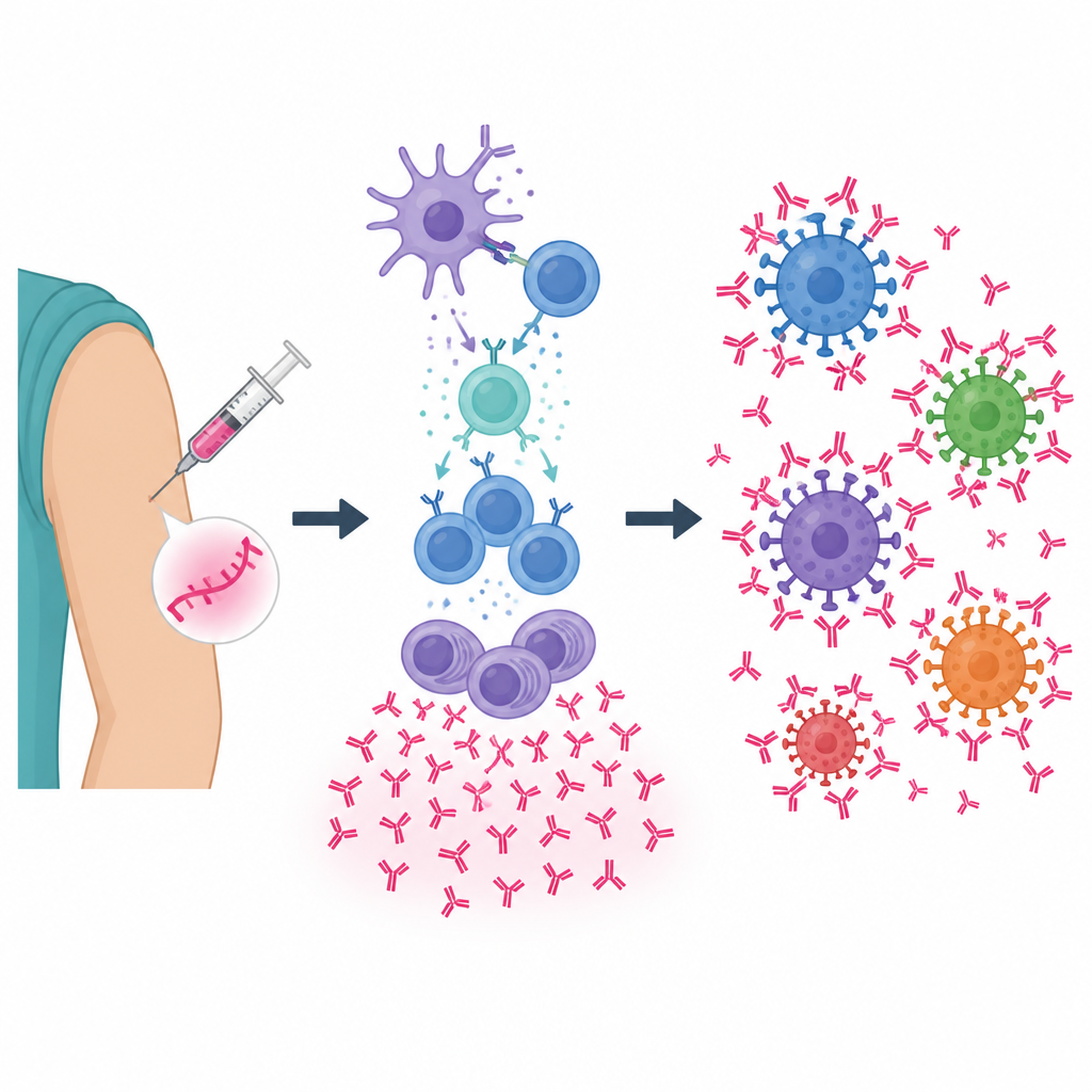 Figure 2. Een mRNA-booster zet immuuncellen aan tot het produceren van veel antistoffen die beter variërende COVID-19-varianten in de loop van de tijd blokkeren.